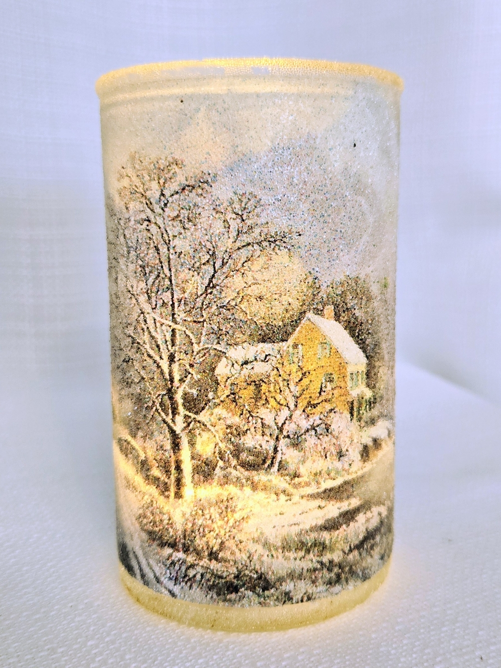 Currier & Ives Sugar Candle Holder Winter Cabin Skating Pond Seasonal Tealight